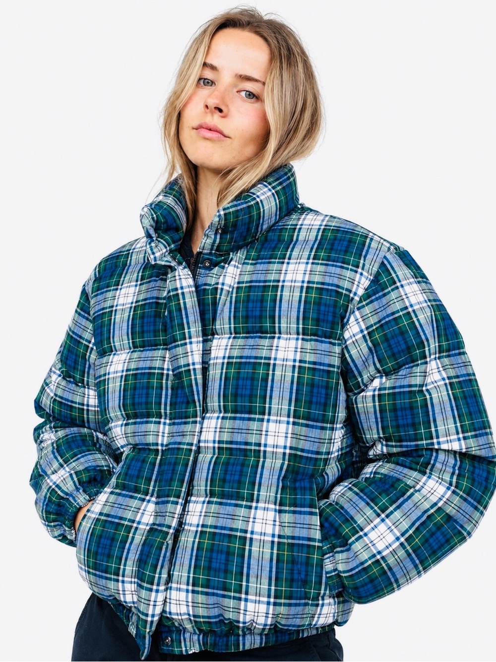 GAP Plaid Puffer Jacket in Green & Blue